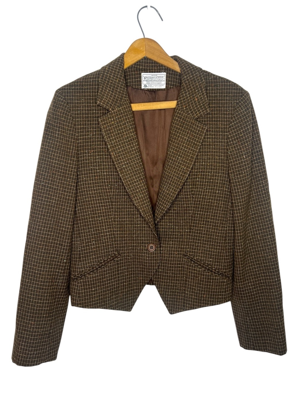 Vintage Pendleton Miss Brown Plaid Wool Blazer Cropped Tweed Jacket Academia